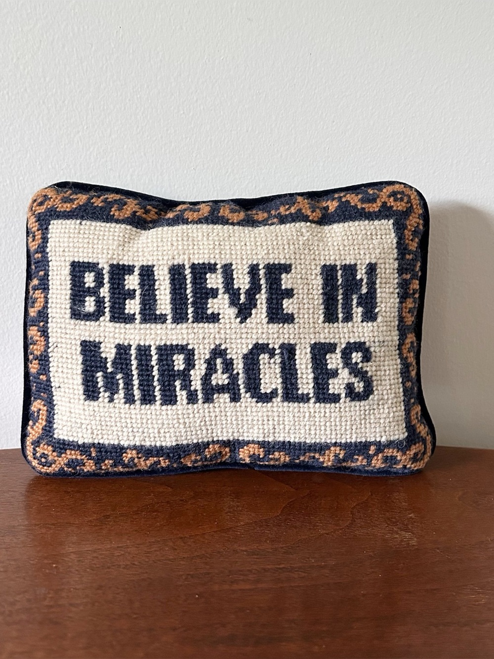 Vintage Needlepoint Believe In Miracles Pillow with velvet back